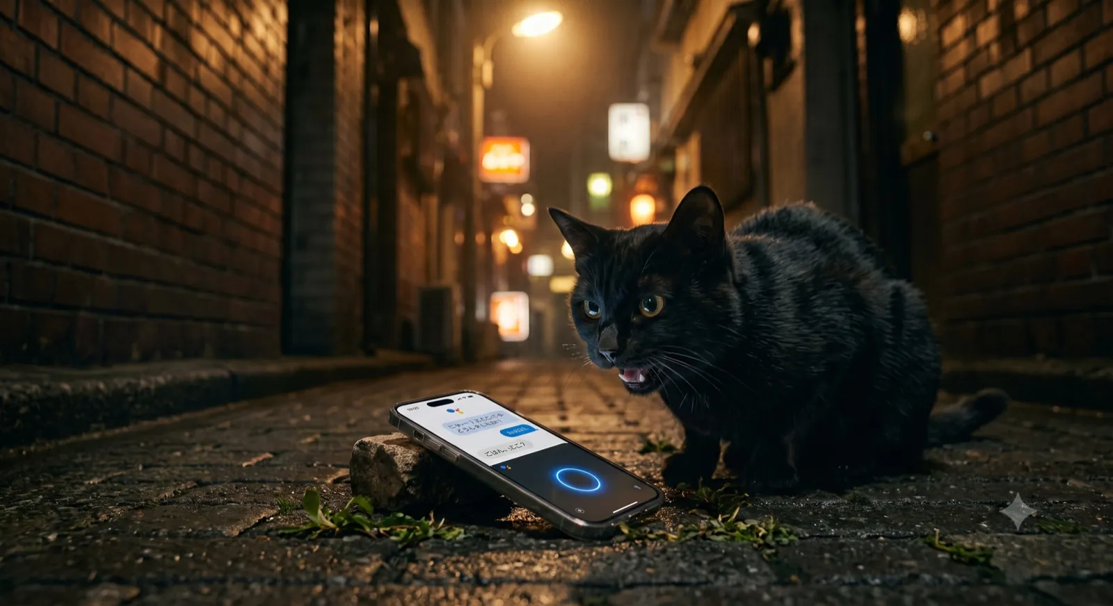 夜のネオン路地で、AIアシスタント画面のスマホの前に座る野良の黒猫