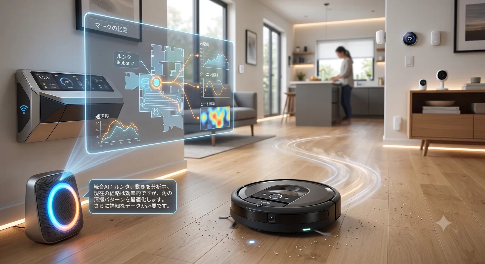 リビングの床を走るお掃除ロボットと、空中に投影された走行ログのホログラム