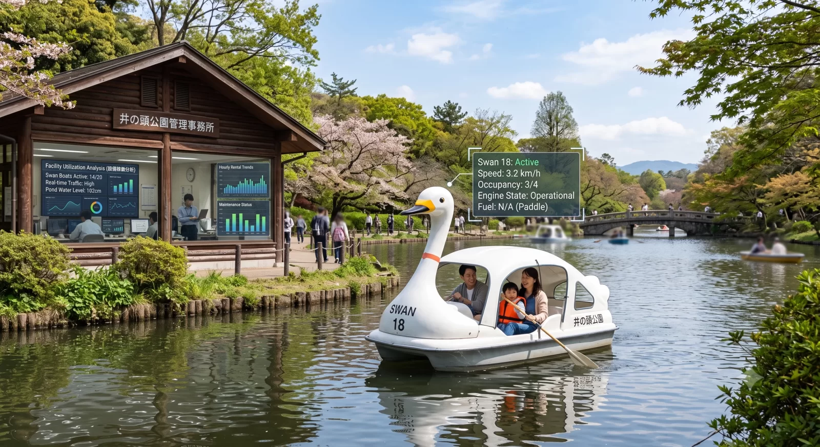 桜の咲く池を進む白鳥のスワンボートと、岸辺の運行データを映すAIモニター