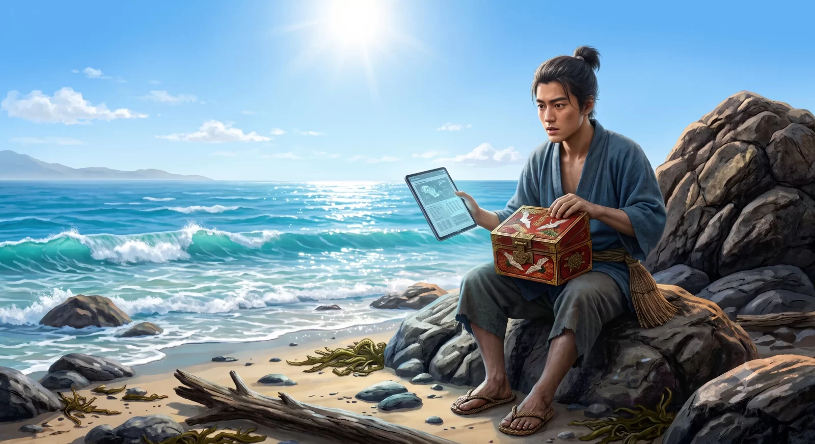浜辺の岩に腰かけ、玉手箱を抱えながらAIタブレットの警告画面を見つめる浦島太郎