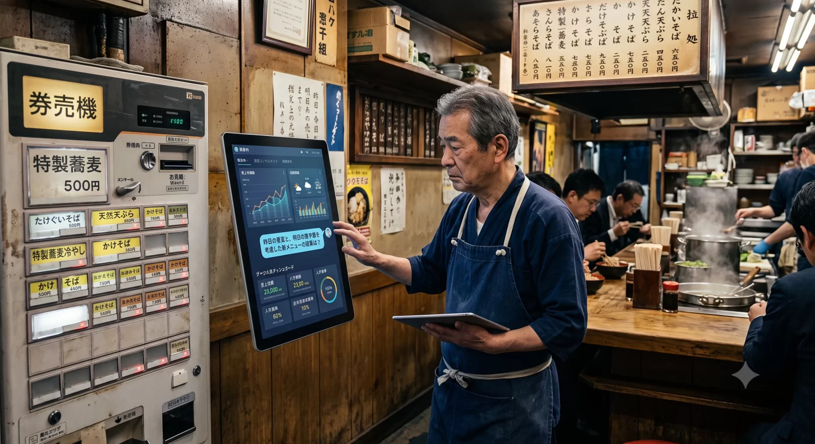立ち食い蕎麦店で、券売機の隣の売上分析モニターを指差す店主