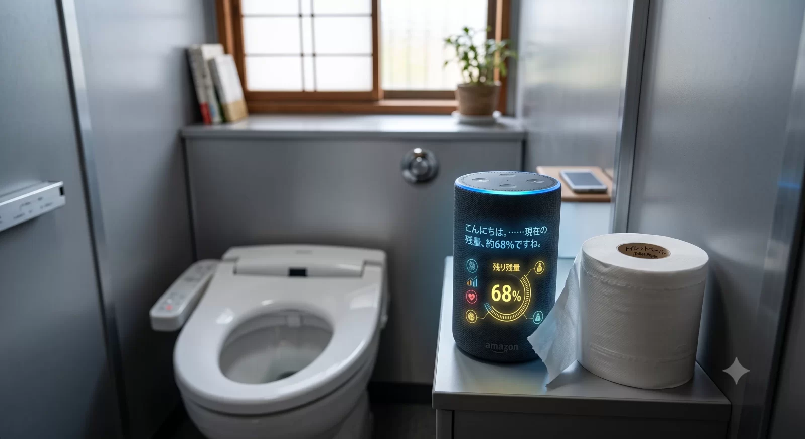 個室トイレの棚に置かれたトイレットペーパーと、残量68%を表示するAI端末