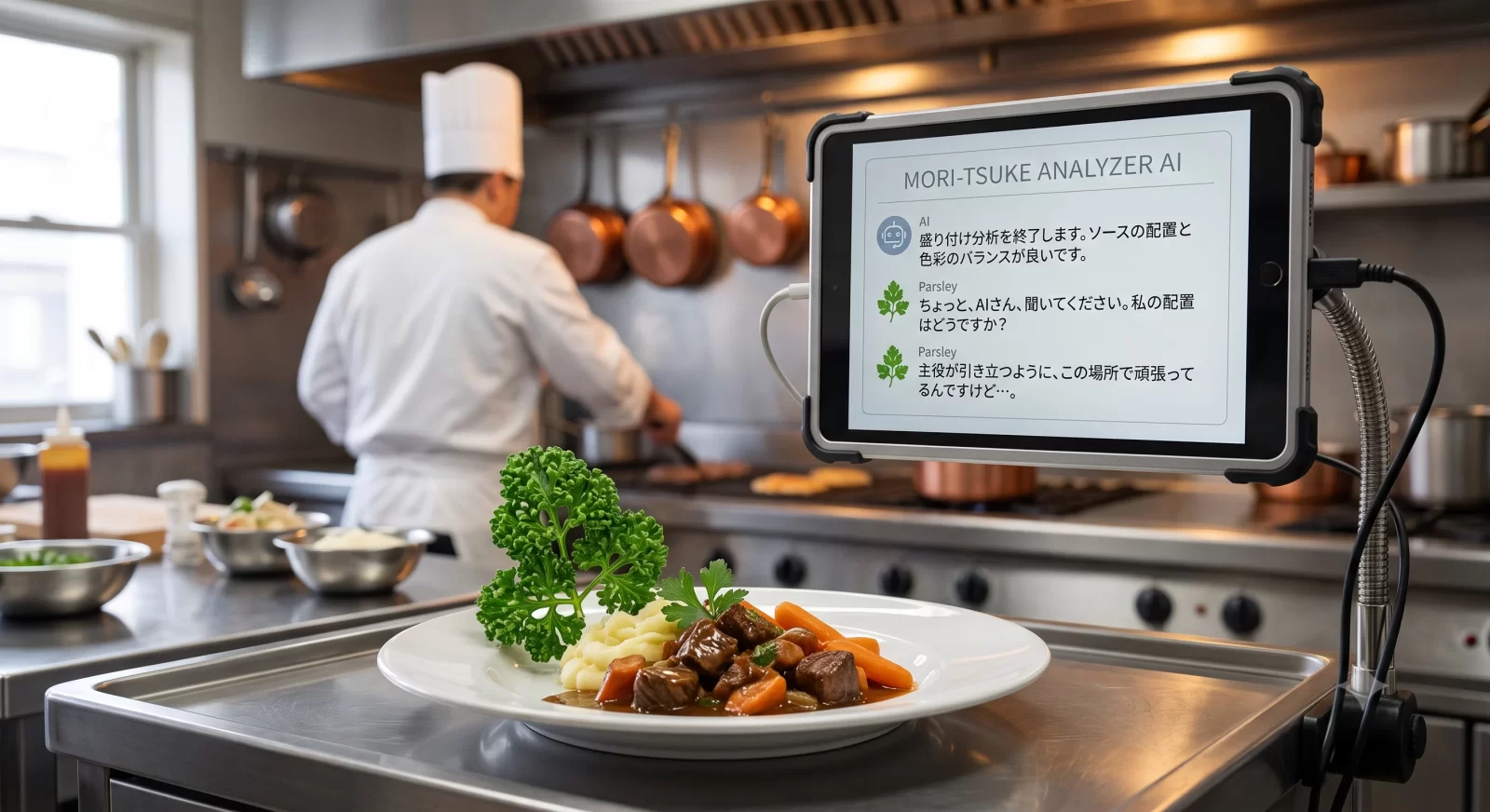 レストランの厨房で、盛り付け分析AIのタブレットと皿の隅に添えられたパセリ
