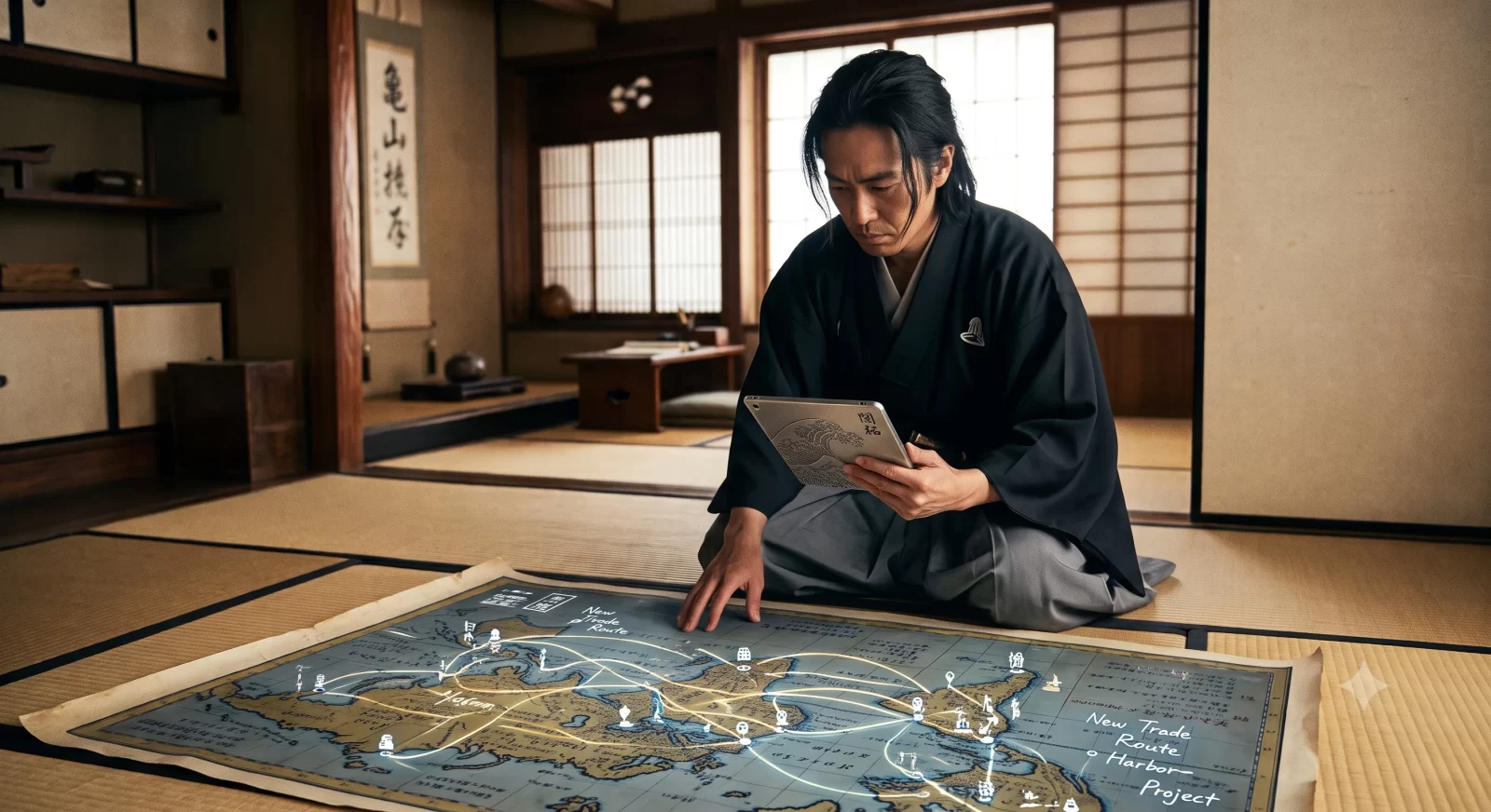 和室の畳に広げた海図の上で、タブレットを手に構想を練る坂本龍馬