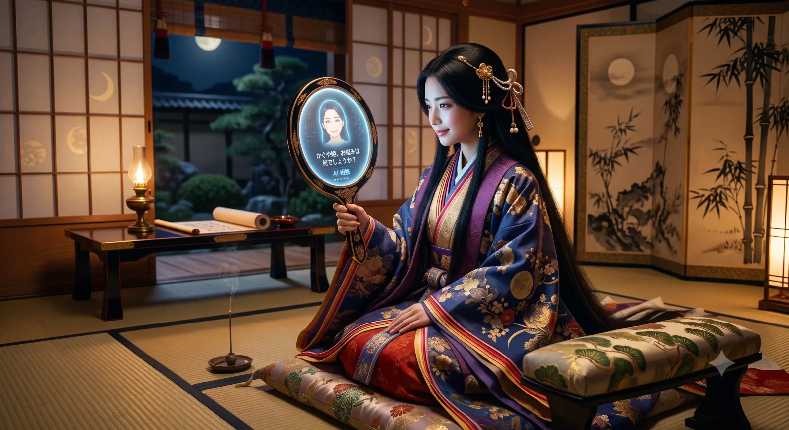 月夜の御殿で、AIの分析画面を映す手鏡を眺めるかぐや姫