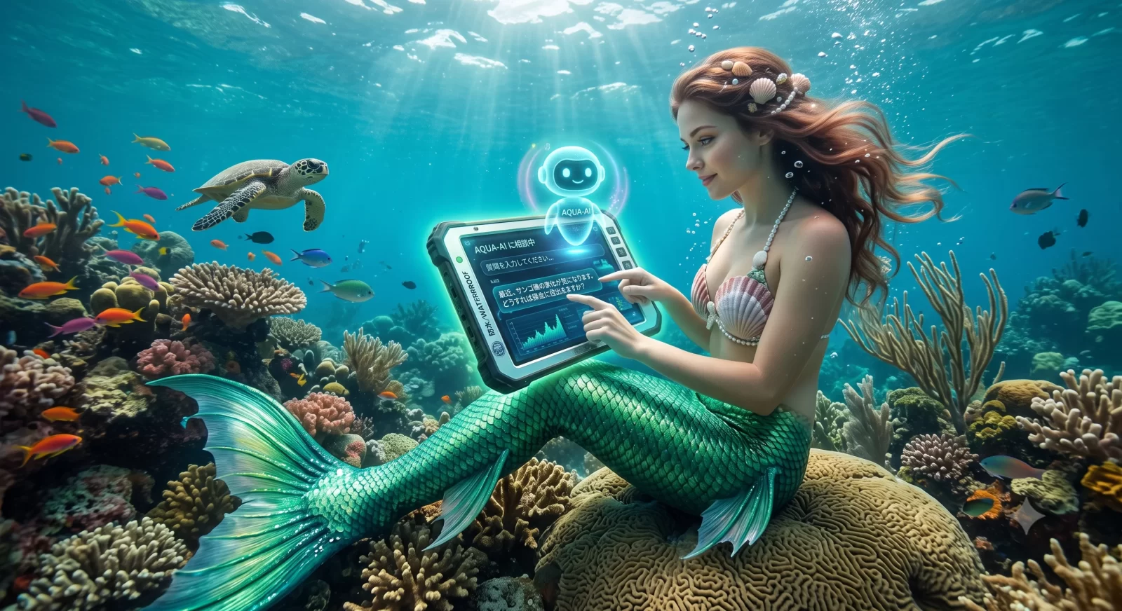 珊瑚礁の海底で、AIタブレットの画面に指を伸ばす人魚