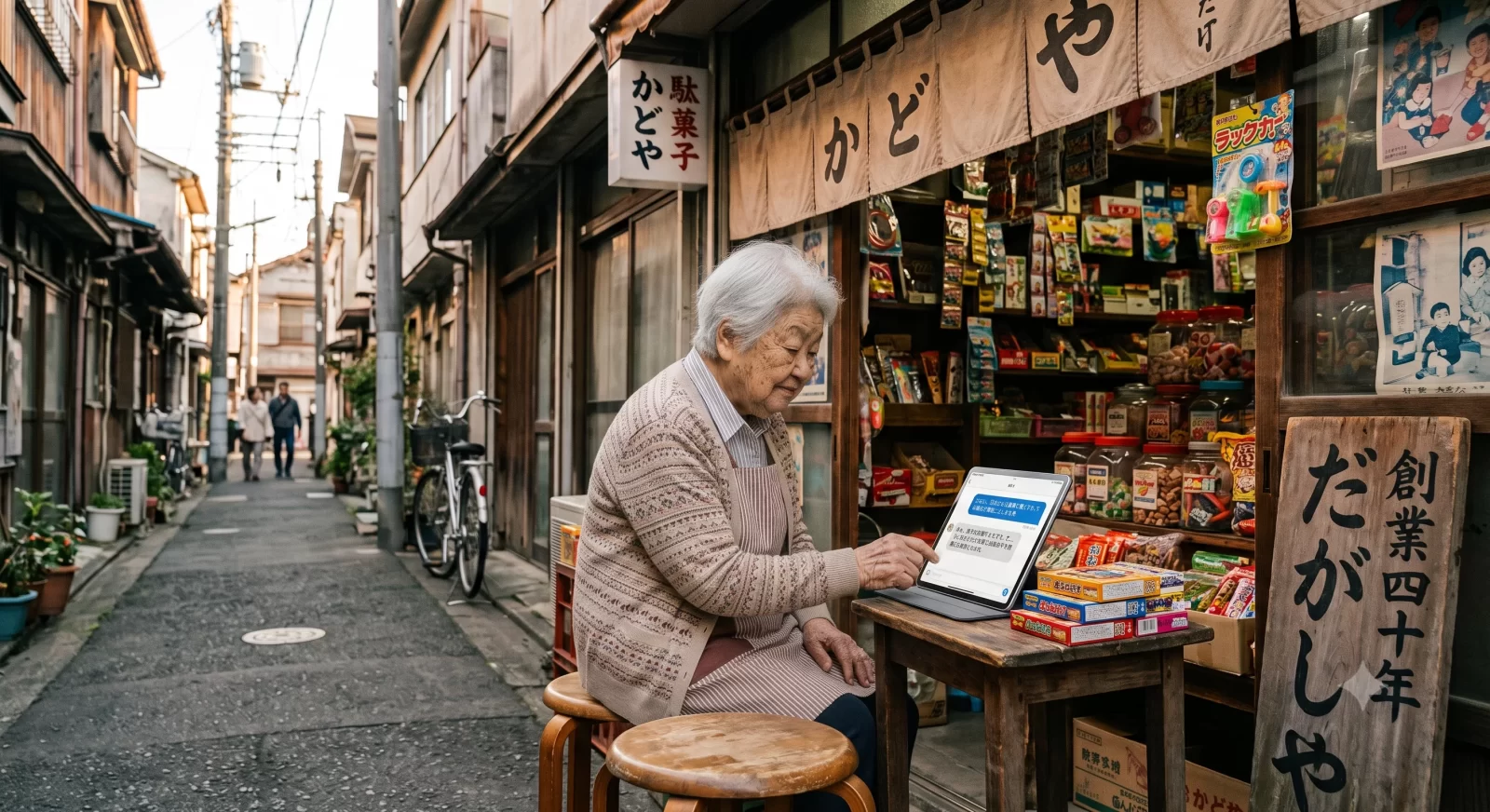 下町の路地に面した駄菓子屋の店先で、ノートパソコンの画面を操作するおばあちゃん