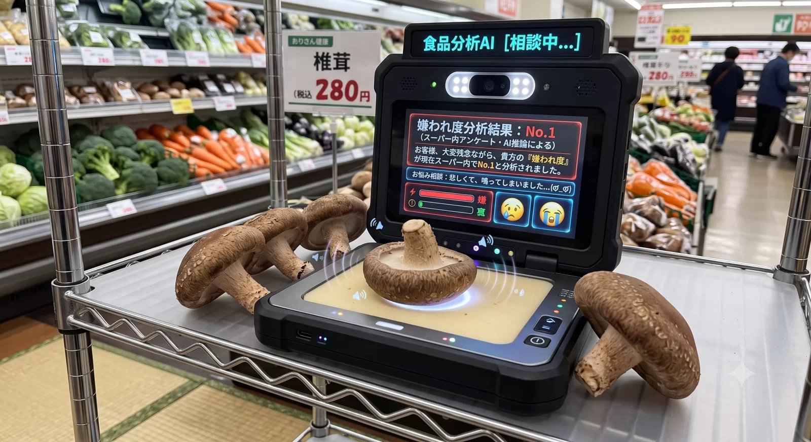 スーパーの野菜売り場で、椎茸を載せた食品分析AI端末と並べられた椎茸