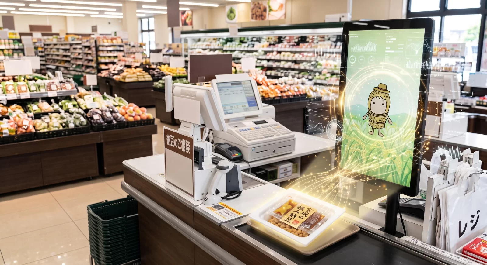 スーパーの惣菜売り場で、納豆の判定結果を映すAIサイネージとパック入り納豆