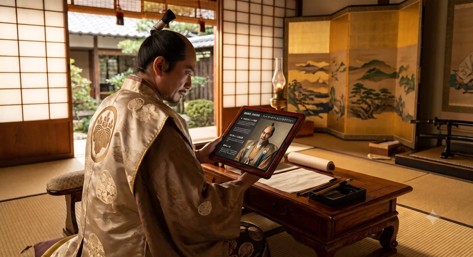 書院造の座敷で、AIの人事評価画面を映すタブレットを見つめる豊臣秀長