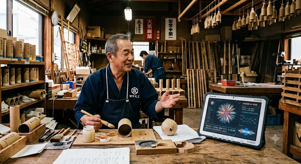 花火の作業場で玉を巻く職人と、打ち上げ花火の分析画面を映すタブレット