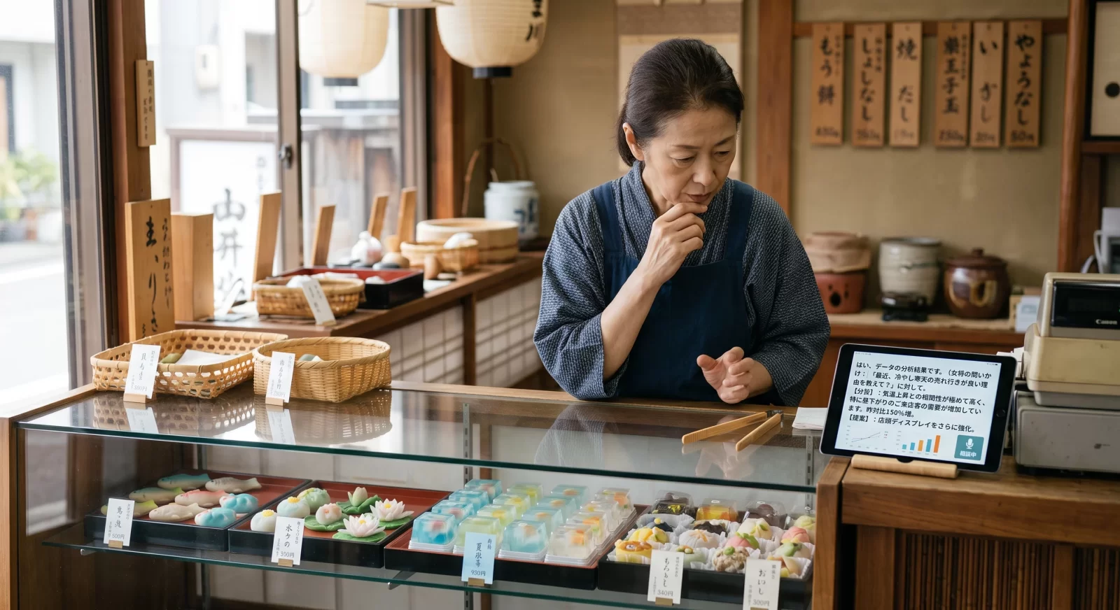 和菓子屋の店先で、上生菓子が並ぶショーケースを前に考え込む女将とタブレット