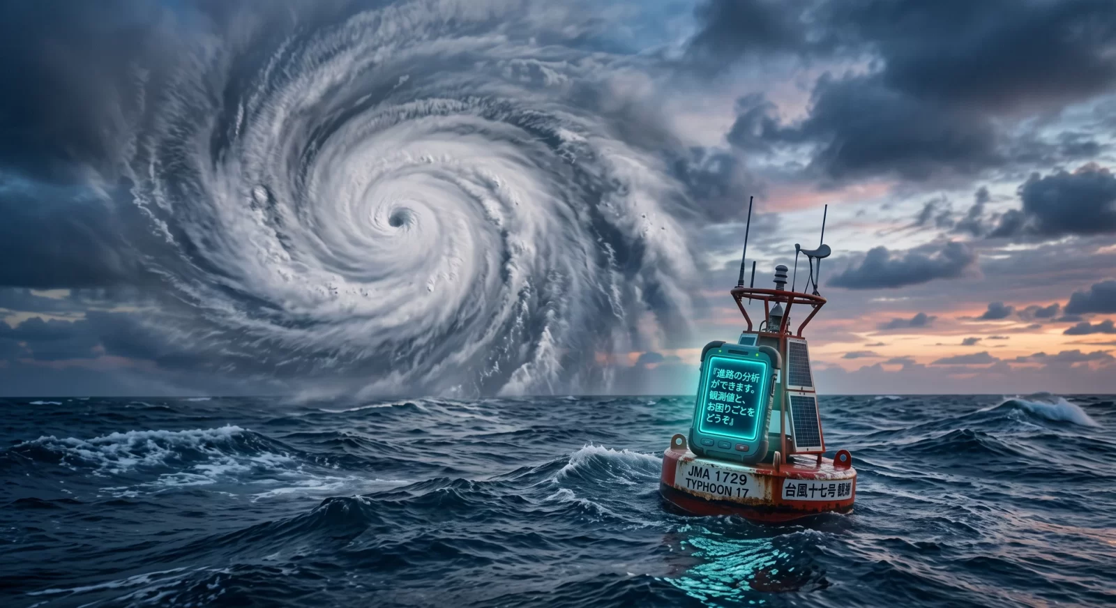 荒れた海上に渦を巻く台風と、分析画面を表示する観測ブイの端末