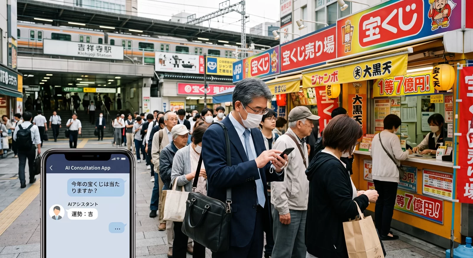 駅前の宝くじ売り場に並ぶ行列と、AIに当選を尋ねる画面を映すスマートフォン