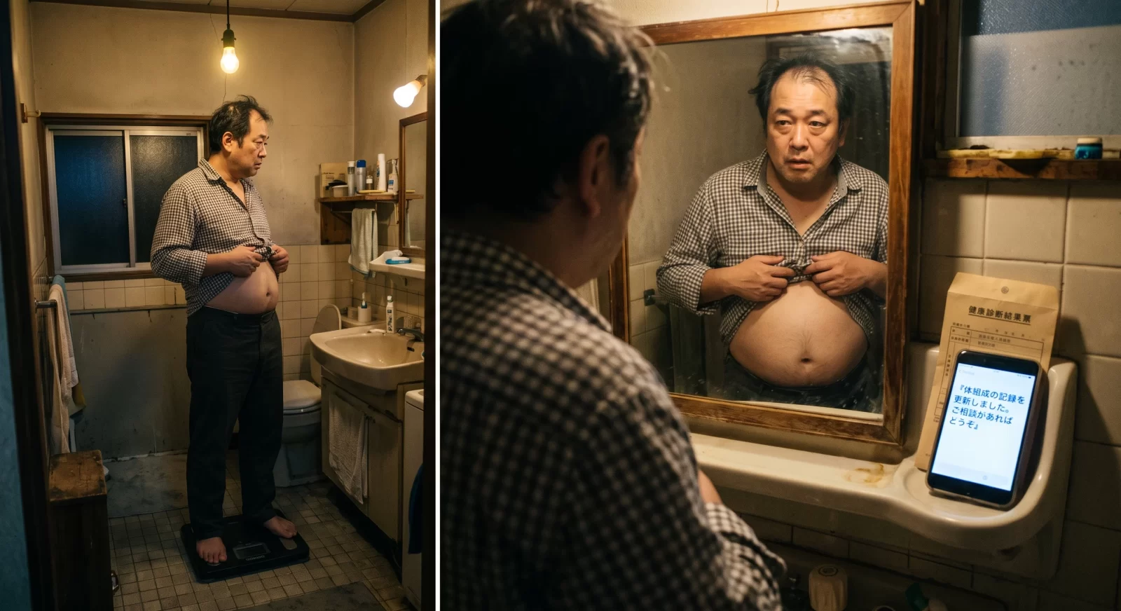 洗面所の鏡の前で体組成の記録を確認する中年男性と、洗面台のスマートフォン