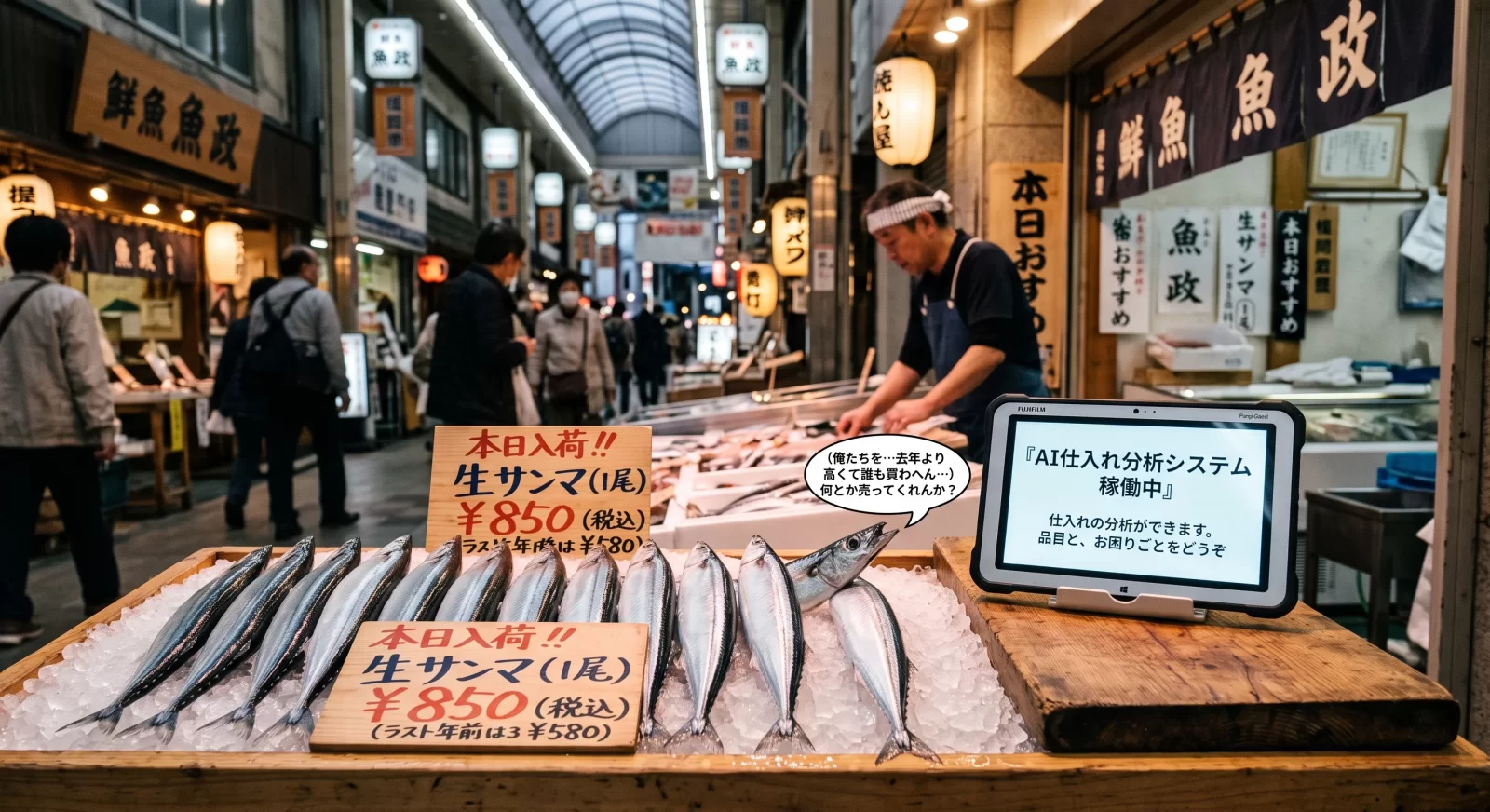 商店街の魚屋の店先で、氷の上に並ぶサンマと仕入れ分析を映すタブレット
